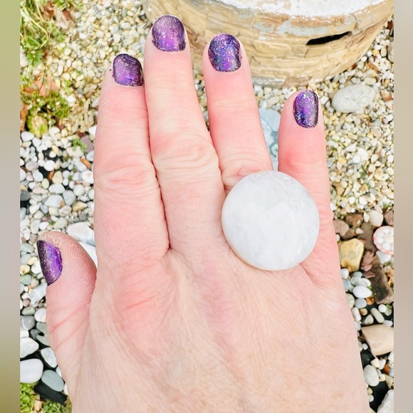 White Lace Agate Large Stone Ring, Handmade by Wandering Bunny LLC - Picture 1 of 11